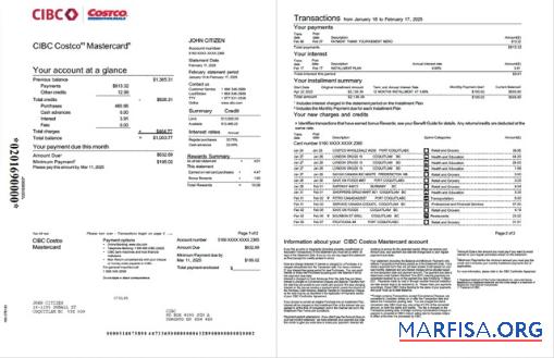 Realistic Canada CIBC Bank account statement word 2 pages sample